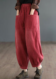 Boutique Red Elastic Waist Oversized Pockets Corduroy Pants Fall