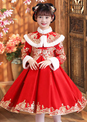 Boutique Red Fur Collar Embroideried Girls Shawl And Dress Two Piece Set Winter