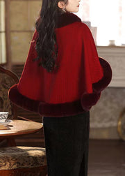 Boutique Red Fur Collar Patchwork Warm Fleece Cape Winter