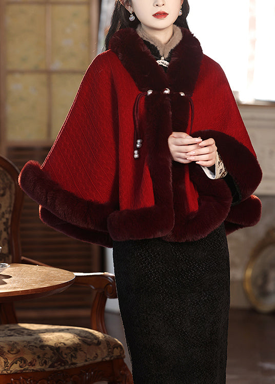 Boutique Red Fur Collar Patchwork Warm Fleece Cape Spring