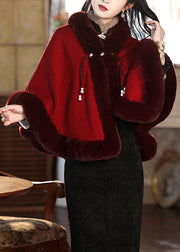 Boutique Red Fur Collar Patchwork Warm Fleece Cape Spring