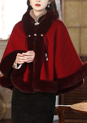 Boutique Red Fur Collar Patchwork Warm Fleece Cape Winter