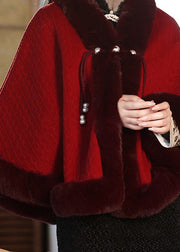 Boutique Red Fur Collar Patchwork Warm Fleece Cape Winter