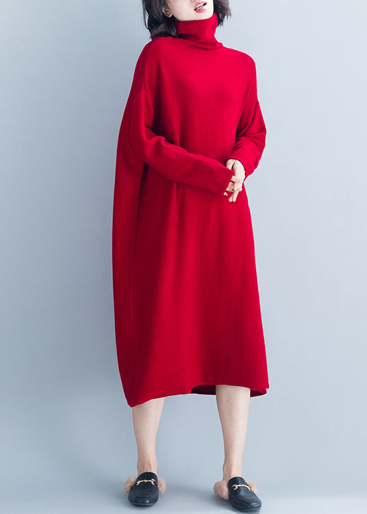 Boutique Red Hign Neck Patchwork Long Knit Dress Winter