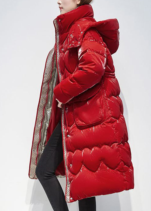 Boutique Red Hooded Pockets Duck Down Puffer Coat Winter