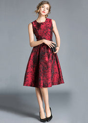 Boutique Red Jacquard Wrinkled Patchwork Silk Party Dress Sleeveless