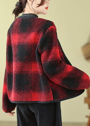 Boutique Red O-Neck Pockets Plaid Faux Fur Jackets Fall