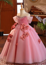 Boutique Red O-Neck Rose Patchwork Tulle Girls Long Dress Summer