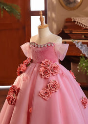 Boutique Red O-Neck Rose Patchwork Tulle Girls Long Dress Summer