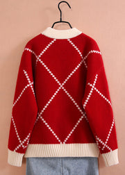 Boutique Red Plaid Thick Cotton Knit Girls Sweater Spring