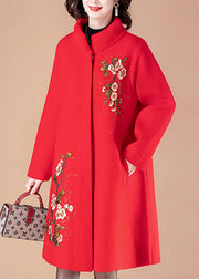 Boutique Red Print Pockets Woolen Long Coats Spring