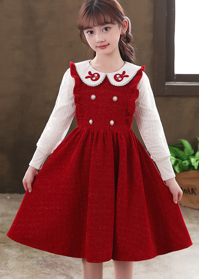 Boutique Red Ruffled Patchwork Warm Fleece Baby Girls Dresses Fall