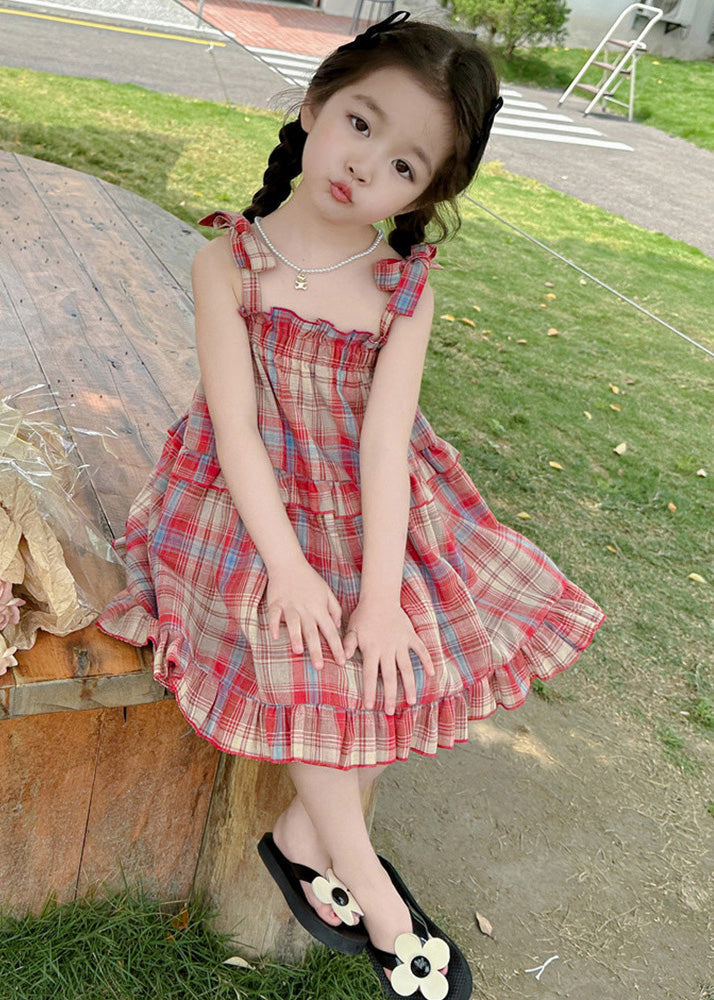 Boutique Red Square Collar Plaid Patchwork Kids Mid Dress Summer