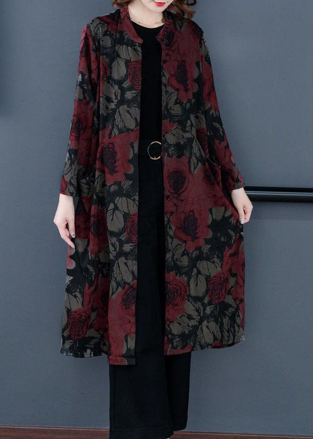 Boutique Red Stand Collar Print Silk Coat Outwear Long Sleeve