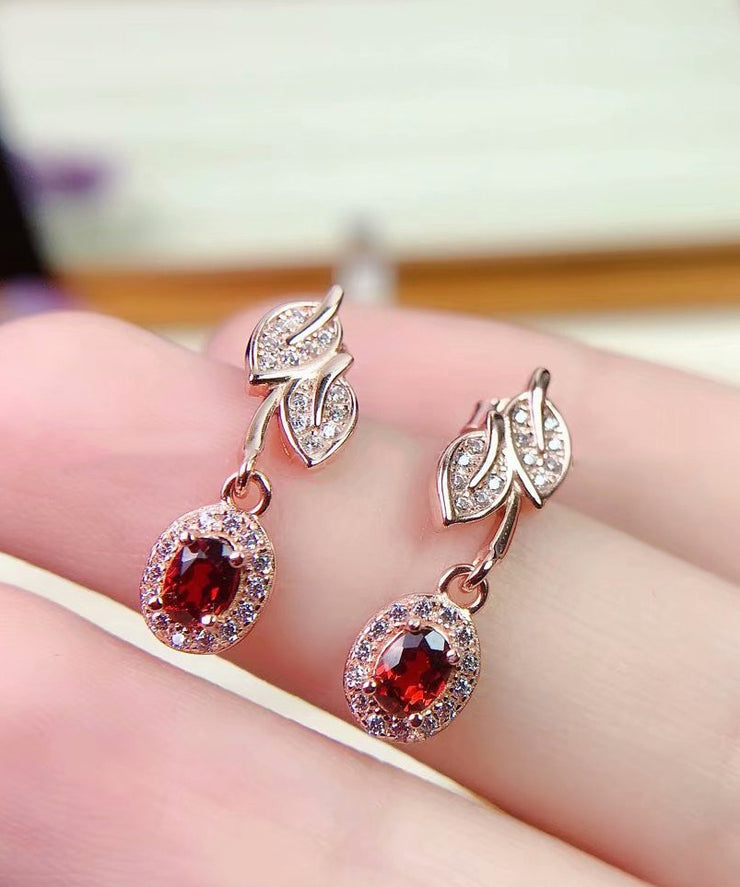 Boutique Red Sterling Silver Inlaid Gem Stone Hollow Out Drop Earrings