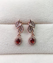 Boutique Red Sterling Silver Inlaid Gem Stone Hollow Out Drop Earrings