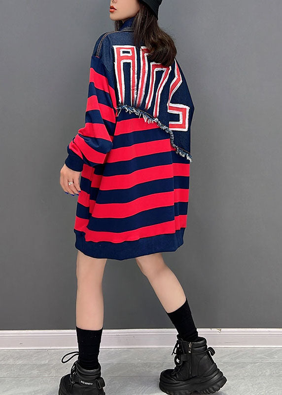 Boutique Red Striped Patchwork Denim Cotton Sweatshirts Dress Fall