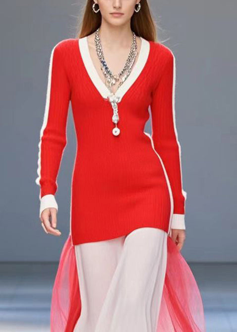 Boutique Red V Neck Patchwork Tulle Knit Dress Winter