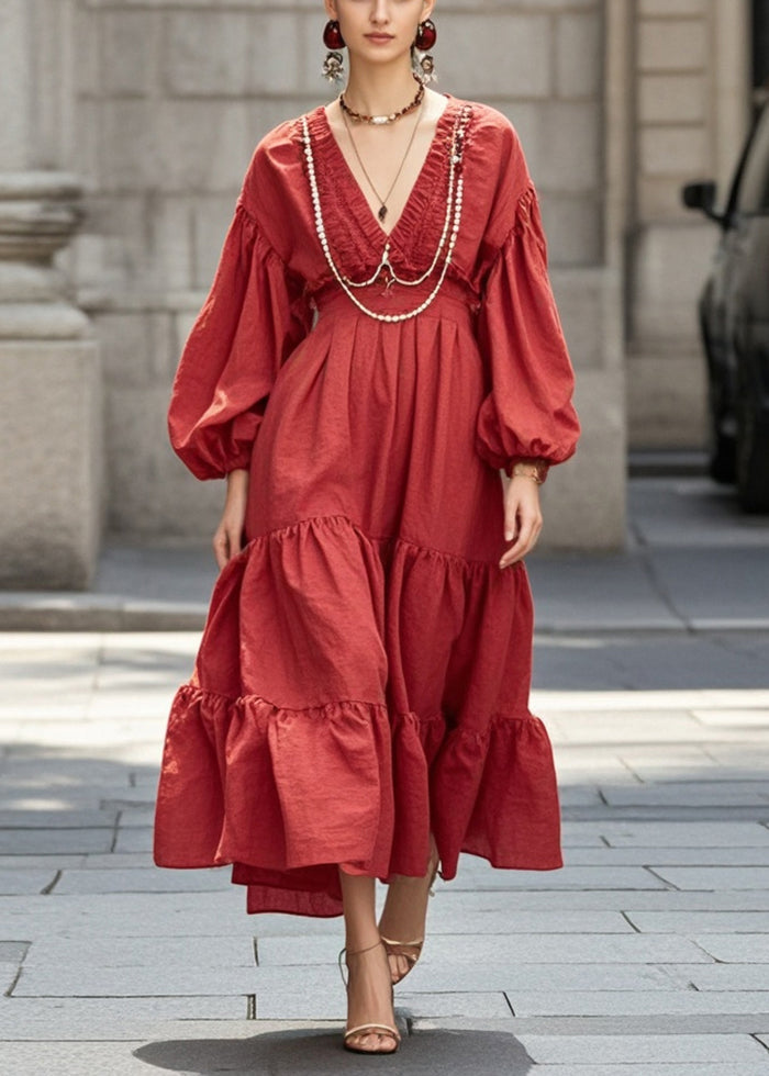 Boutique Red V Neck Wrinkled Cotton Vacation Dresses Lantern Sleeve