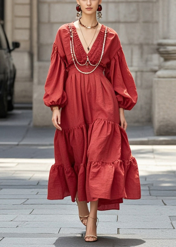 Boutique Red V Neck Wrinkled Cotton Vacation Dresses Lantern Sleeve