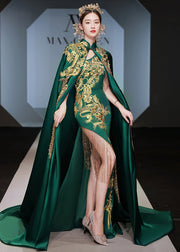 Boutique Retro Green Embroidered Tassel Cape And Dress Set