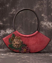 Boutique Retro Red Embossed Calf Leather Tote Handbag