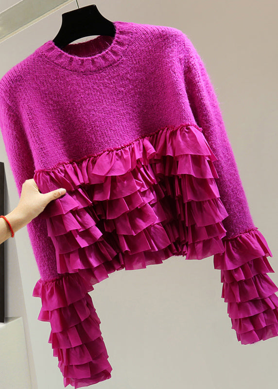 Boutique Rose Ruffled Patchwork Cotton Knitted Sweater Winter