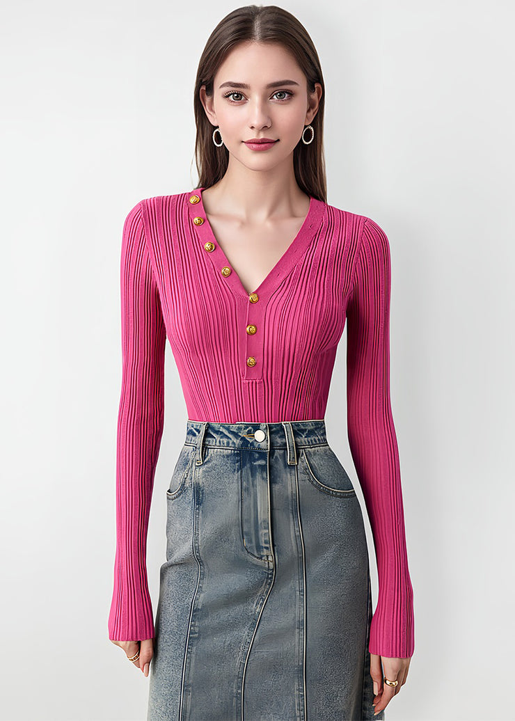 Boutique Rose V Neck Button Slim Fit Knit Tops Fall