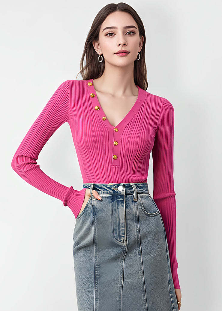 Boutique Rose V Neck Button Slim Fit Knit Tops Fall