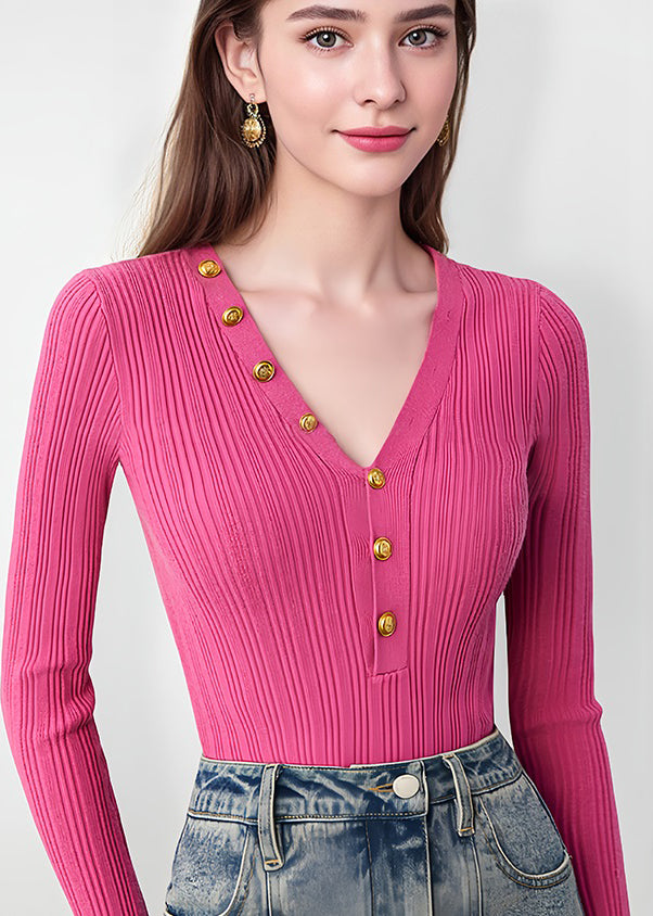 Boutique Rose V Neck Button Slim Fit Knit Tops Fall