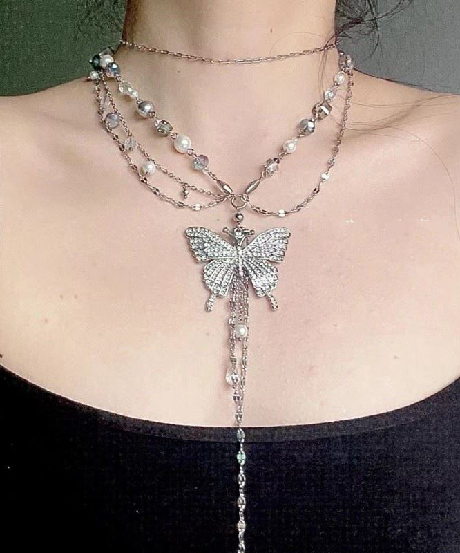 Boutique Silk Metal Butterfly Pearl Multilayer Tassel Lariat Necklace