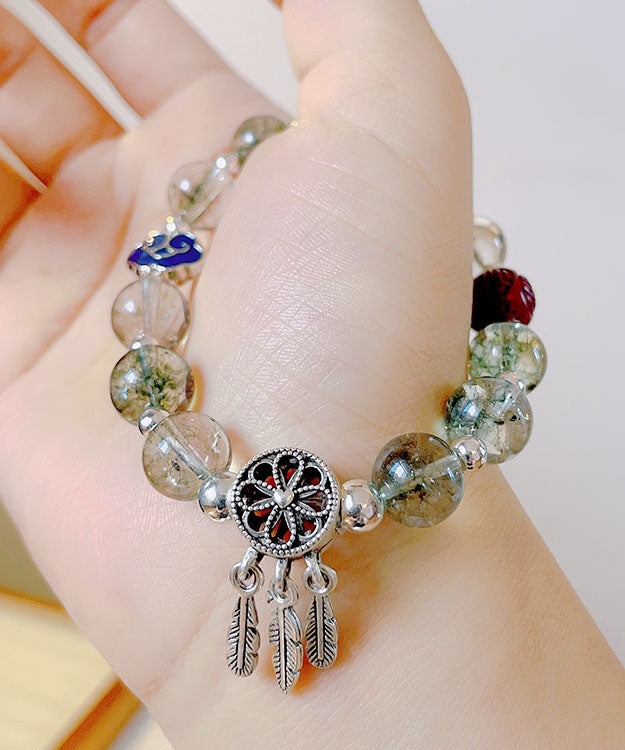 Boutique Silk Sterling Silver Crystal Floral Dream Catcher Tassel Charm Bracelet