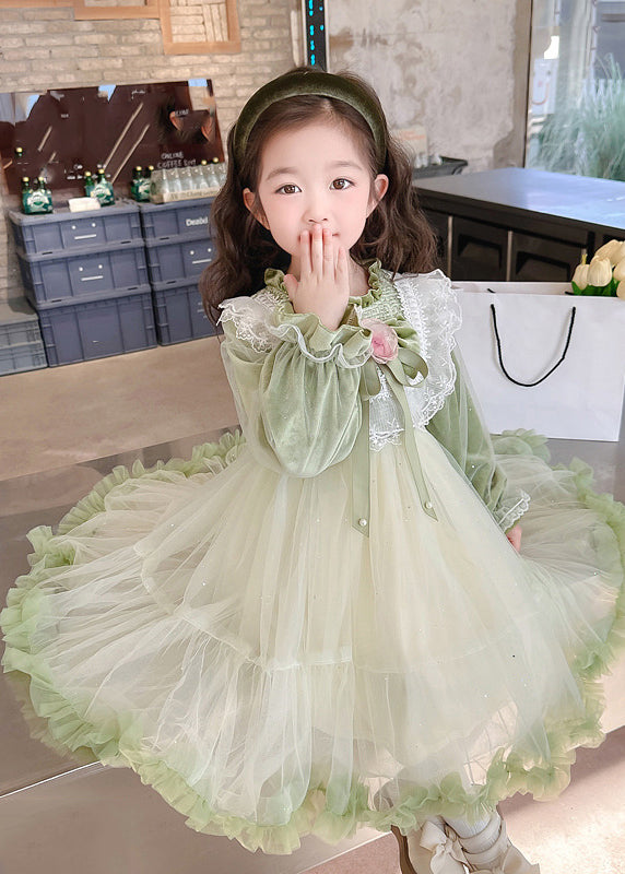 Boutique Silk Velour Patchwork Green Stand Collar Ruffled Tulle Girls Maxi Dress Flare Sleeve