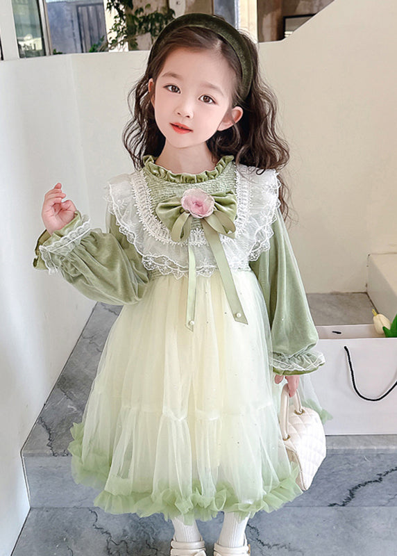 Boutique Silk Velour Patchwork Green Stand Collar Ruffled Tulle Girls Maxi Dress Flare Sleeve