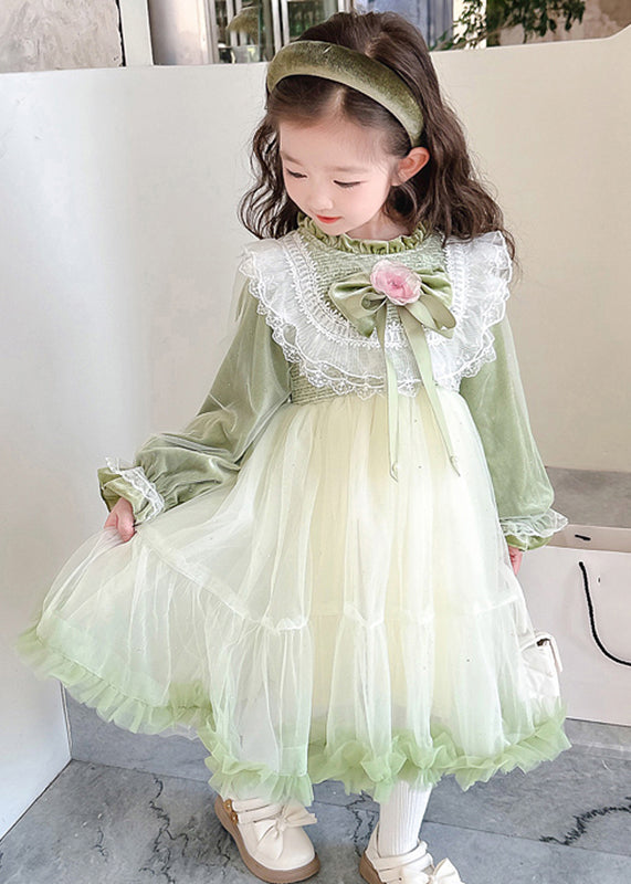 Boutique Silk Velour Patchwork Green Stand Collar Ruffled Tulle Girls Maxi Dress Flare Sleeve