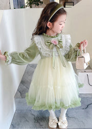 Boutique Silk Velour Patchwork Green Stand Collar Ruffled Tulle Girls Maxi Dress Flare Sleeve