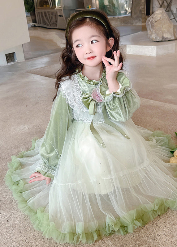 Boutique Silk Velour Patchwork Green Stand Collar Ruffled Tulle Girls Maxi Dress Flare Sleeve