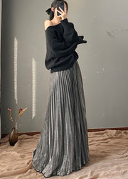 Boutique Silver Grey Elastic Waist Pleated Skirt Fall