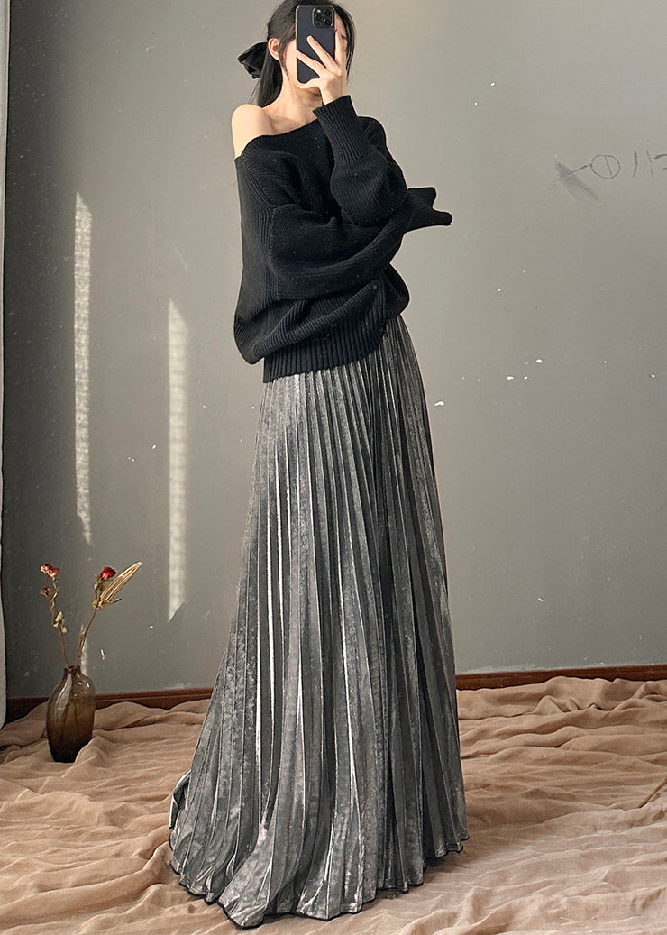 Boutique Silver Grey Elastic Waist Pleated Skirt Fall