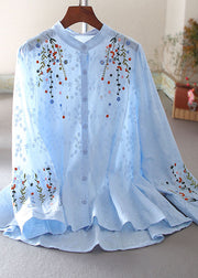 Boutique Sky Blue Embroidered Cotton Shirt Spring