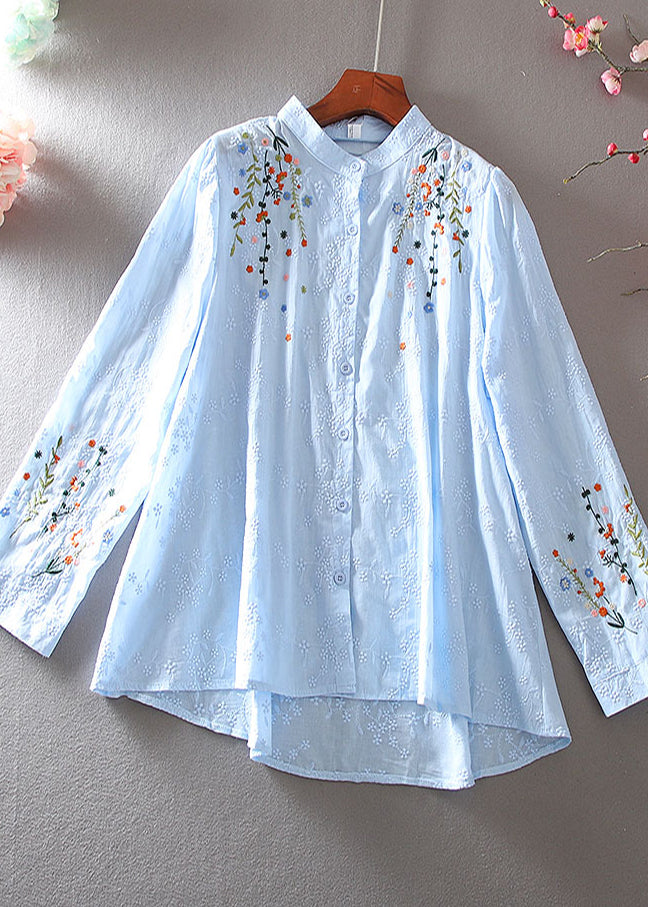 Boutique Sky Blue Embroidered Cotton Shirt Spring