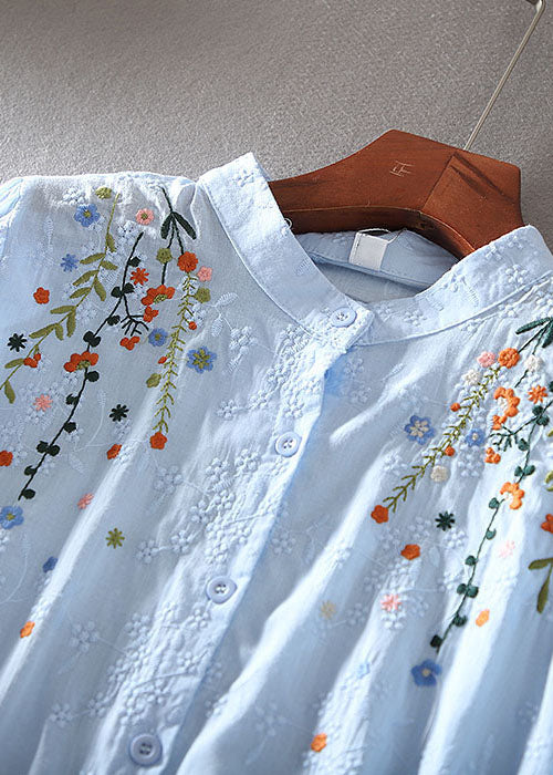 Boutique Sky Blue Embroidered Cotton Shirt Spring