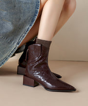 Boutique Splicing Chunky Boots Brown Cowhide Leather Pointed Toe