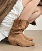 Boutique Splicing Chunky Boots Khaki Suede Pointed Toe