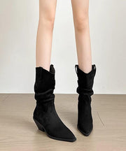 Boutique Splicing Chunky Boots Khaki Suede Pointed Toe