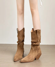 Boutique Splicing Chunky Boots Khaki Suede Pointed Toe