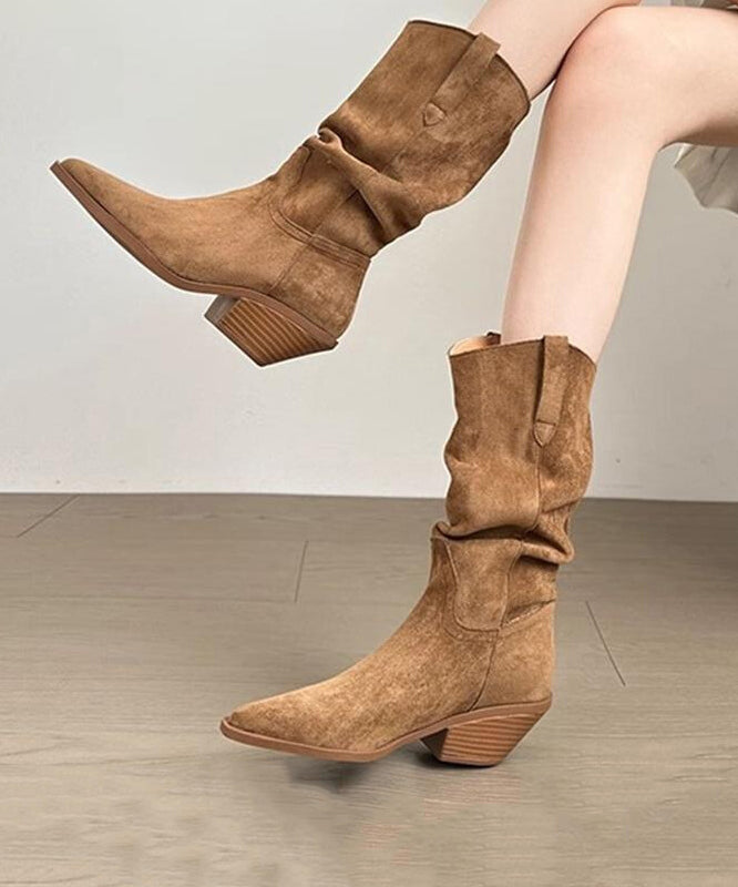 Boutique Splicing Chunky Boots Khaki Suede Pointed Toe