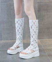 Boutique Splicing Platform Boots Peep Toe White Denim Fabric