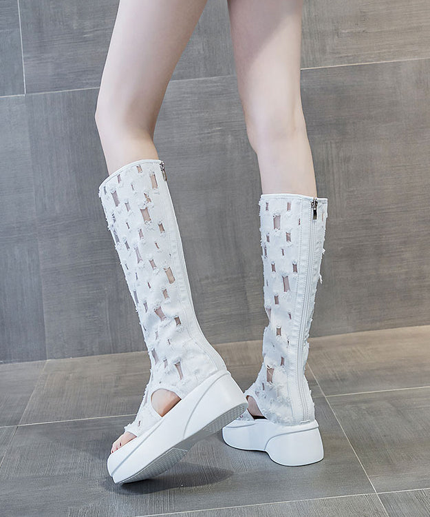 Boutique Splicing Platform Boots Peep Toe White Denim Fabric