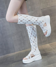 Boutique Splicing Platform Boots Peep Toe White Denim Fabric